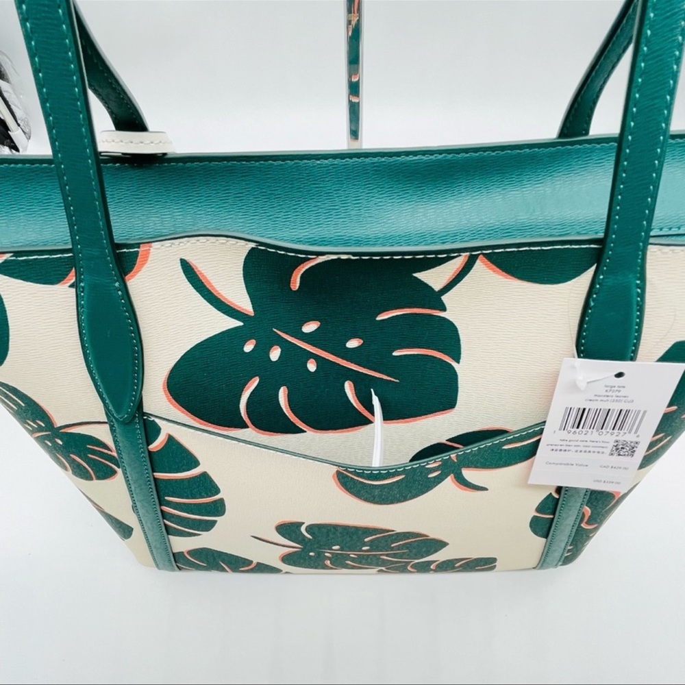 Kate Spade Cara Monstera Leaves Printed Refined Grain Leather Large Tote Bag - Picture 8 of 11